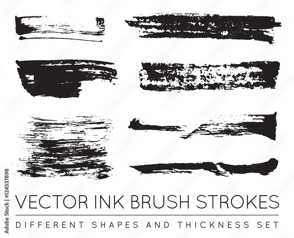 Set of Vector Black Pen Ink Brush Strokes. Grunge Ink Brush Stro