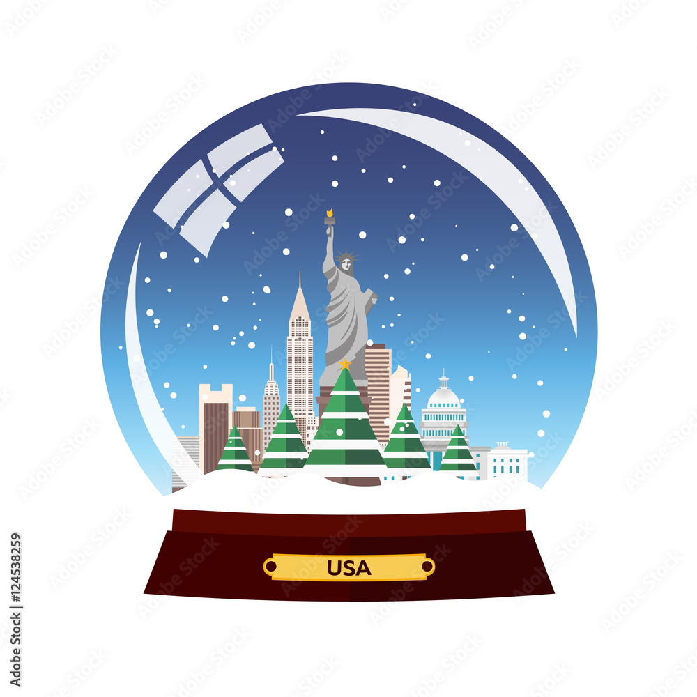 Fototapeta premium Christmas Journey to USA, New york. Snow globe. Vector flat illustration. Travel