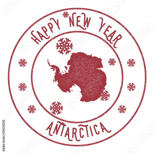 Retro Happy New Year Antarctica Stamp. Stylised rubber stamp with county map and Happy New Year text, vector illustration.