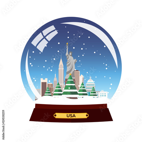 Christmas Journey to USA  New york. Snow globe. Vector flat illustration. Travel