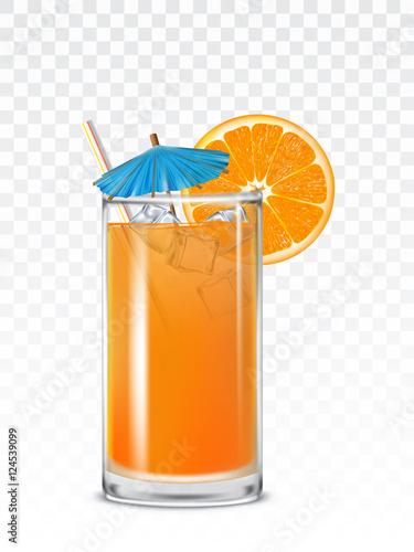 Glass beaker with orange juice, ice cubes and a straw