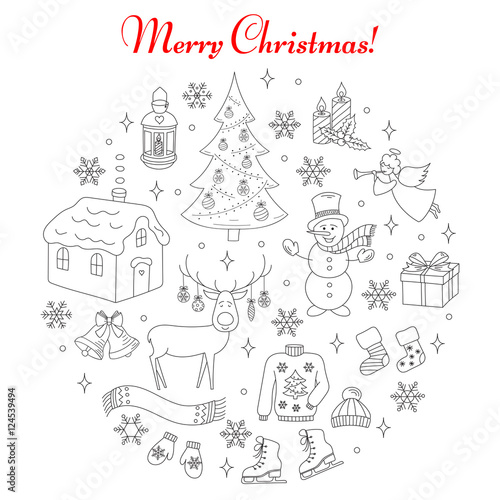 Christmas and New Year holiday line icons set, vector illustrations hand drawn. Christmas tree, reindeer, snowman, snowflakes, angel, candles, village house, bells, lantern and socks isolated.