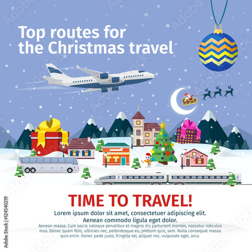 Christmas travel banners in flat style. Nature, buildings, village and city in a flat style. Vector illustration for the website, calendar, banners. Winter landscape. Santa Claus and Christmas ball.