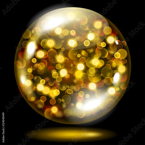 Glass sphere filled with golden glowing sparkles with bokeh effect. Sphere with gold sparkles, glares and shadow. Used only on dark background.