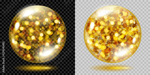 Two transparent spheres filled with golden glowing sparkles with bokeh effect. Spheres with gold sparkles, glares and shadows. For use on dark and light background. Transparency only in vector file