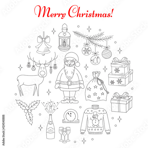 Christmas and New Year holiday line icons set, vector illustrations hand drawn. Christmas tree branch, Santa Claus with bag, reindeer, lantern, champagne, bells, gift box and holly leaves isolated.
