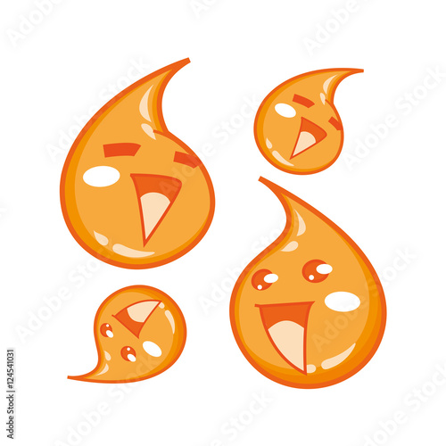 Happy smiling drops of fresh orange juice - cute cartoon mascots emoji. Vector illustration drawn in a cute cartoon characters style.