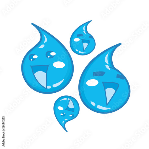 Happy smiling drops of fresh blue water - cute cartoon mascots emoji. Vector illustration drawn in a cute cartoon characters style. Two versions: open and closed eyes.