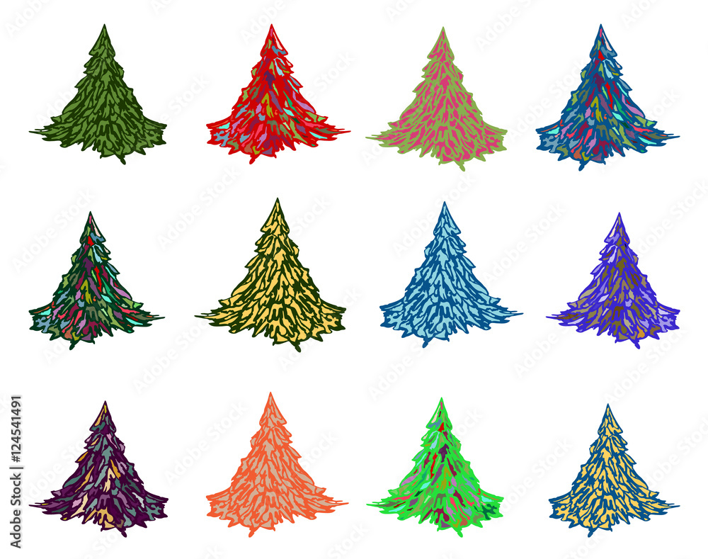  Christmas tree.   Elements for Christmas cards.  Vector design. Isolated on white background.