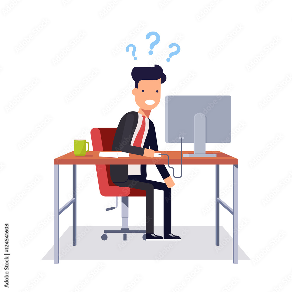 Businessman does not understand what was going on. Man in a business suit sitting in a chair at a desk and looking at computer monitor. Vector illustration in flat style isolated on white background. Businessman does not understand what was going on. Man in a business suit sitting in a chair at a desk and looking at computer monitor. Vector illustration in flat style isolated on white background.
