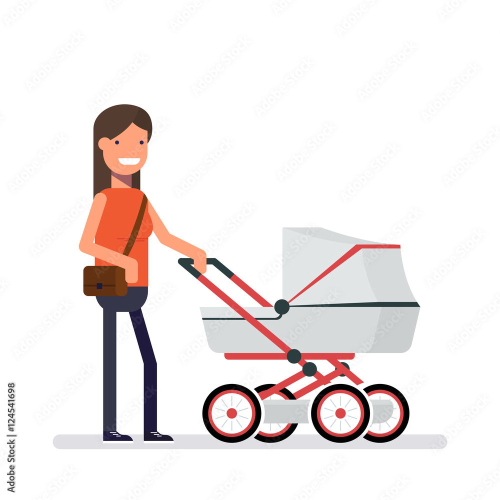 Woman standing next to the pram. Girl on a walk with the baby. Man with female purse on her shoulder. Cartoon character in a flat style isolated on white background