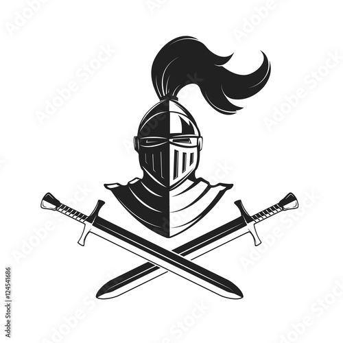 Knight helmet with two swords isolated on white background. Desi