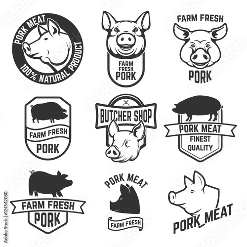 Pork meat labels. Pig silhouettes and heads. Design elements for