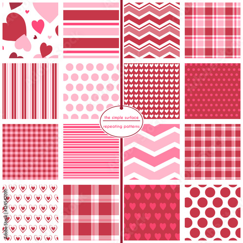 Valentine's Day seamless pattern set for textiles, apparel, fabric, paper products, cards, scrapbooking and more. Red and pink hearts, polka dots, stripes, chevron and plaid geometric prints.