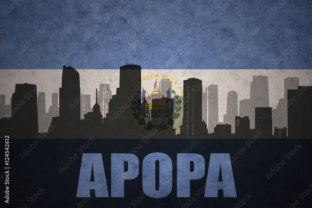 abstract silhouette of the city with text Apopa at the vintage salvadoran flag