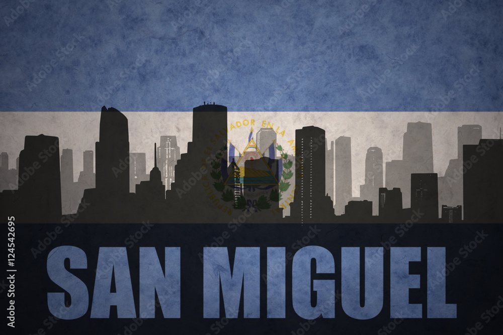 abstract silhouette of the city with text San Miguel at the vintage salvadoran flag