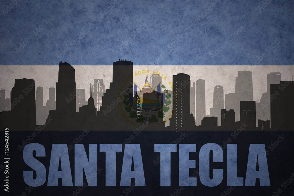 abstract silhouette of the city with text Santa Tecla at the vintage salvadoran flag