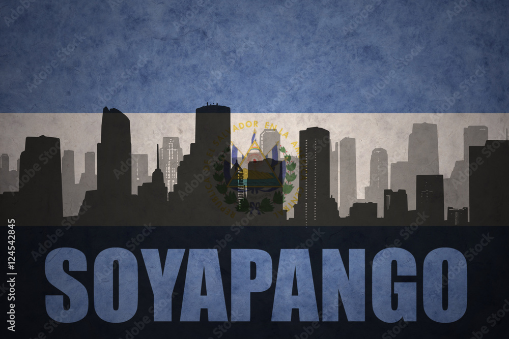 abstract silhouette of the city with text Soyapango at the vintage salvadoran flag