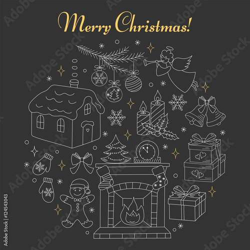 Christmas and New Year holiday line icons set  vector illustrations hand drawn. Christmas fireplace  fir tree branch  village house  angel  bells  candles  gingerbread and gift box isolated.