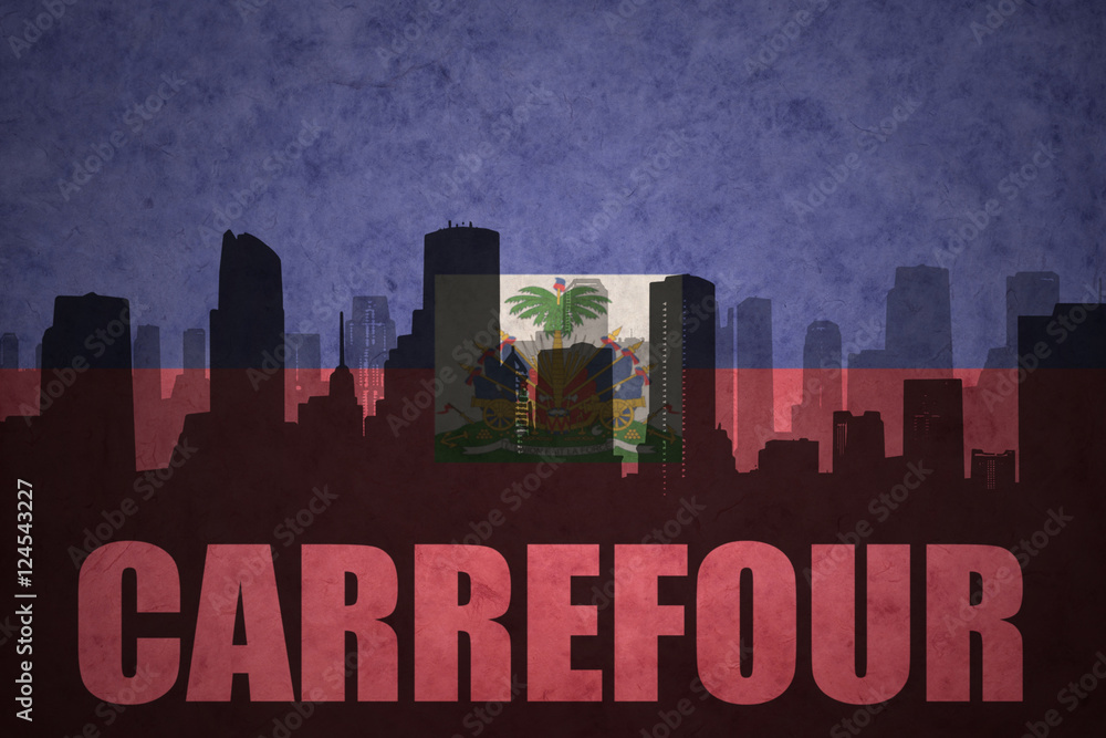 abstract silhouette of the city with text Carrefour at the vintage haitian flag