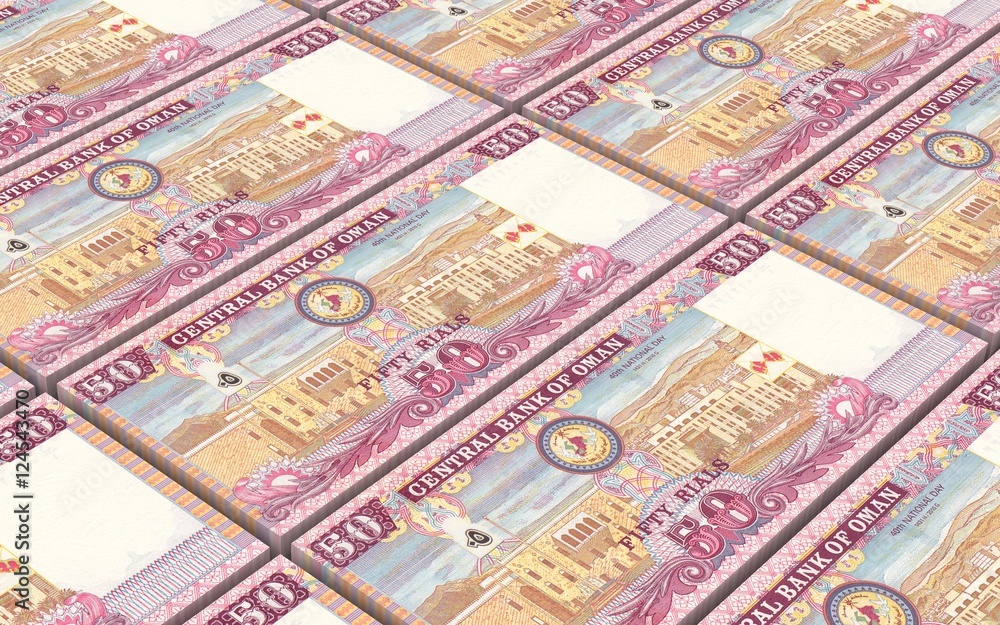 Fototapeta premium Omani rials bills stacked background. 3D illustration.