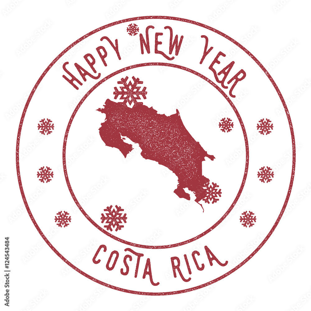 Retro Happy New Year Costa Rica Stamp. Stylised rubber stamp with county map and Happy New Year text, vector illustration. Retro Happy New Year Costa Rica Stamp. Stylised rubber stamp with county map and Happy New Year text, vector illustration.