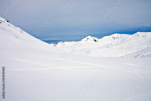 Mountain range after a snowfall and the trails of bear