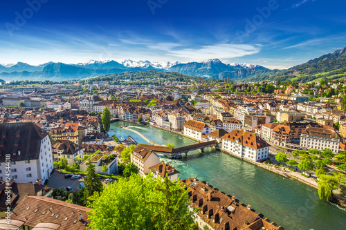 Pilatus mountain and historic city center of Lucerne, Central Switzerland photo