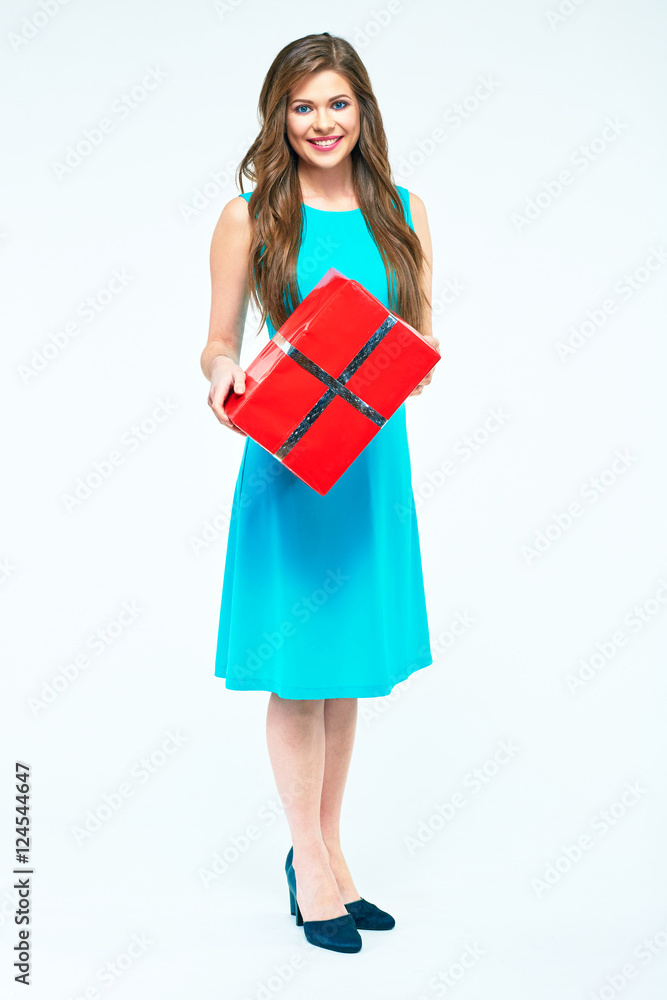 Portrait of smiling young woman with red gift box. Portrait of smiling young woman with red gift box.