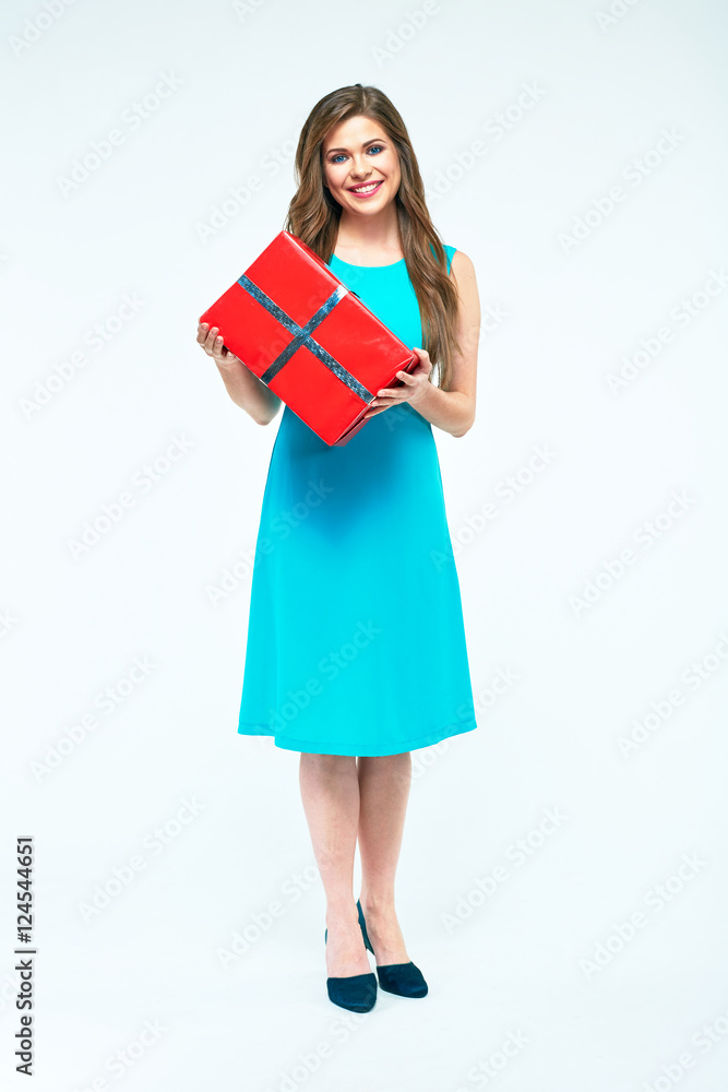 Full body portrait of young woman with red gift box. Full body portrait of young woman with red gift box.
