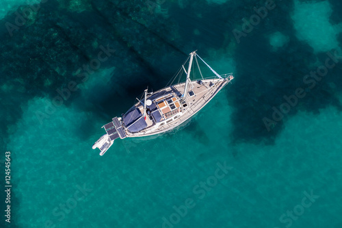 aerial view of the yacht on the Greece coast line