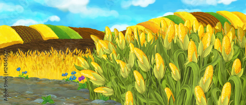 Canvas-taulu Cartoon nature scene - farm fields - empty stage for different usage - illustrat