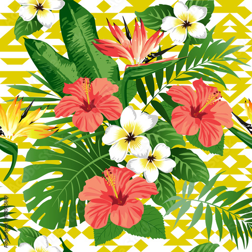 Tropical flowers and leaves on mexican background. Seamless. Vector. 