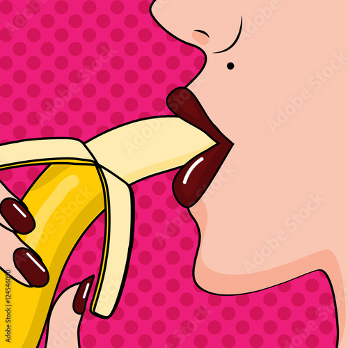 Sexy woman lips eating banana. Vector illustration in comic pop art style