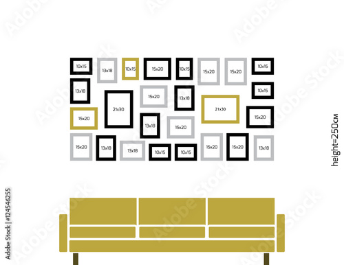 Vector location for hanging photo frames on the wall above the sofa . Size of rectangle is WxH=192x97 cm drawn to scale, as it would looks at the wall height 250 cm