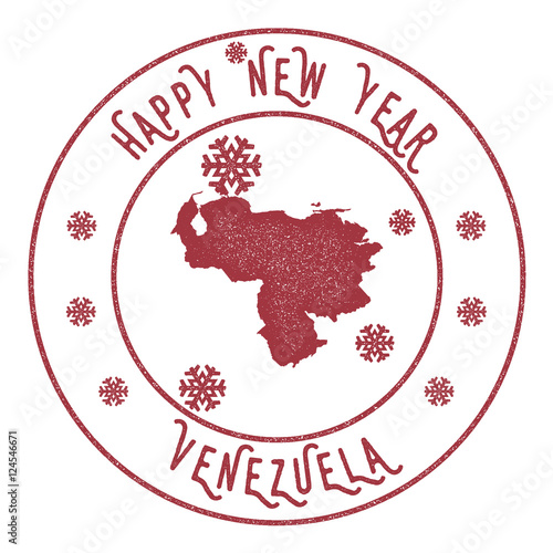 Retro Happy New Year Venezuela, Bolivarian Republic of Stamp. Stylised rubber stamp with county map and Happy New Year text, vector illustration.