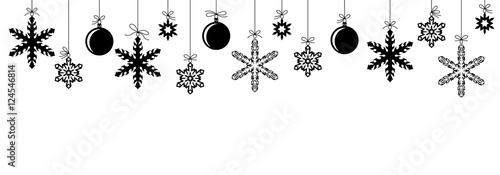 Christmas banner with snowflakes baubles hanging