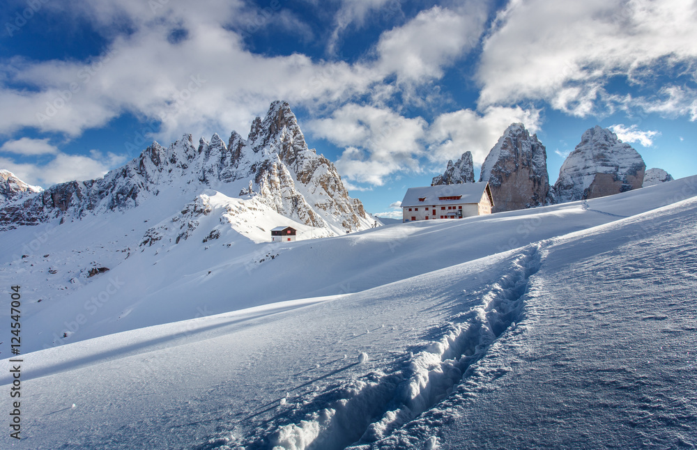 Winter in the Dolomites, North Italy, Sexten Dolomites, natural park Tre Cime.