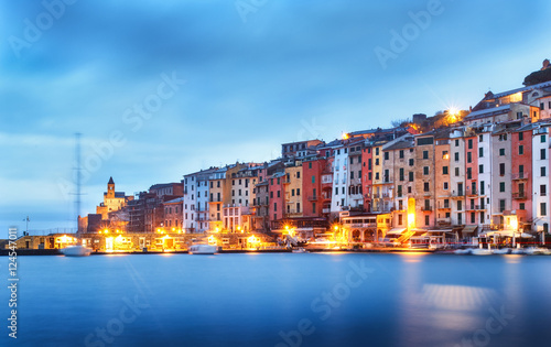 Portovenere old village on the sea. Church  harbour and houses. Five lands  Cinque Terre  Liguria  Italy  Europe.
