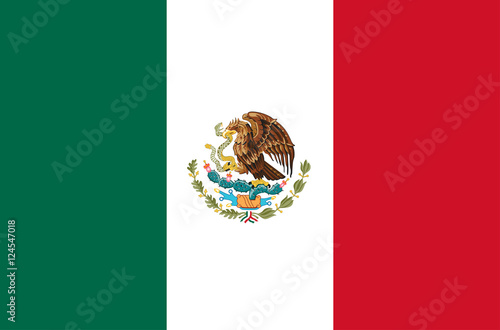 Vector flat style United Mexican States state flag. Official design of Mexico national flag. Symbol with stripes and eagle emblem. Independence day, holiday, button, template background illustration