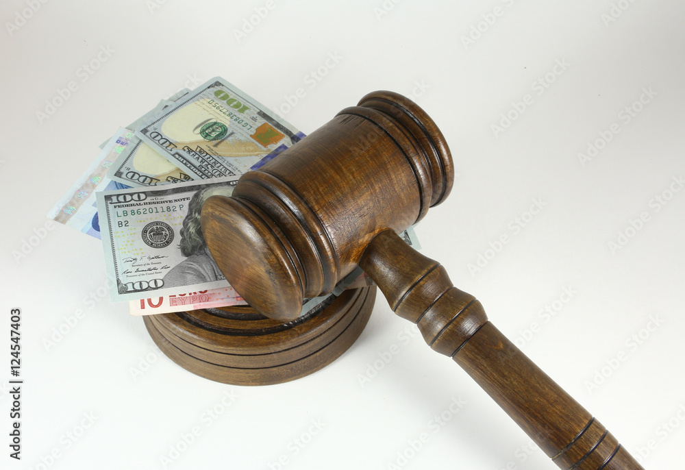 Auction Or Trial Concept With Auctioneers Judges Gavel And Scattered Money Heap On Wooden Table, Close Up, Auction Or Trial Concept With Auctioneers Judges Gavel And Scattered Money Heap On Wooden Table, Close Up,
