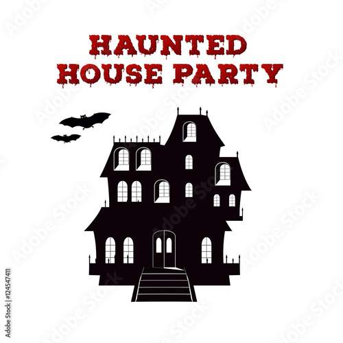 Concept design of the invitation flyer for halloween party. Poster template with haunted house and bloody font