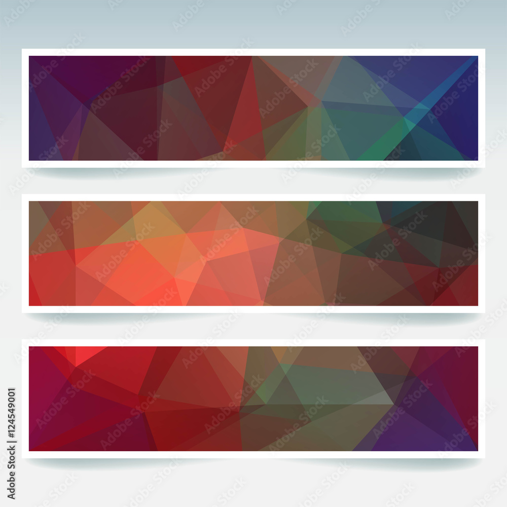 Horizontal banners set with polygonal dark colorful triangles. Polygon background, vector illustration. Autumn-colored. Red, orange, green, brown, blue colors