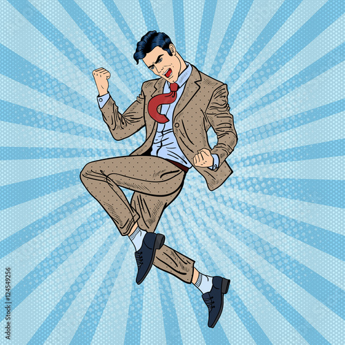 Pop Art Successful Businessman Jumping. Vector illustration