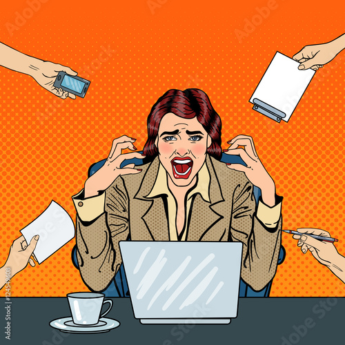 Pop Art Frustrated Stressed Business Woman Screaming at Multi Tasking Office Work. Vector illustration