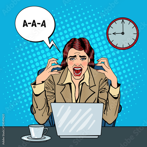 Pop Art Frustrated Stressed Business Woman Screaming at Multi Tasking Office Work. Vector illustration