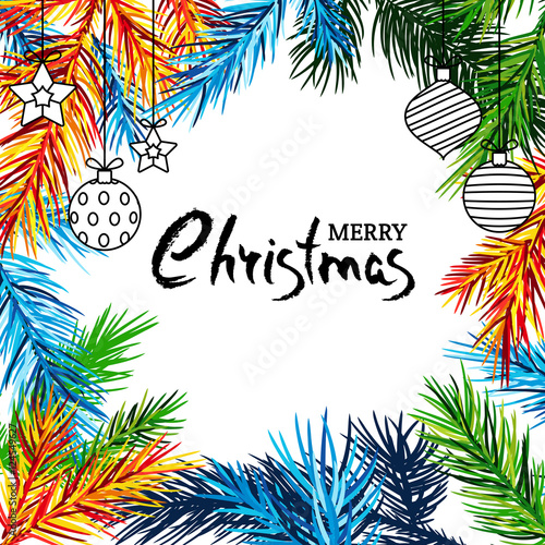 Merry Christmas holiday banner with multicolor fir branches, toys and calligraphy lettering. Vector New Year poster background. Design elements for invitation, flyer, greeting card.