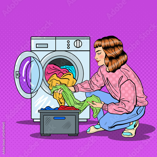 Pop Art Housewife Doing Laundry in Washing Machine. Vector illustration