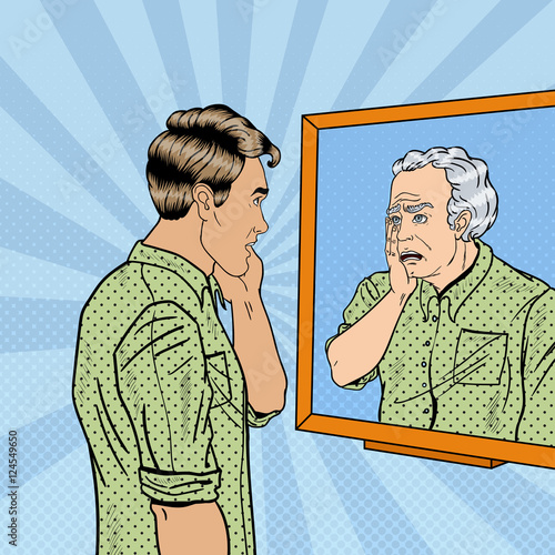 Pop Art Shocked Man Looking at Older Himself in the Mirror. Vector illustration