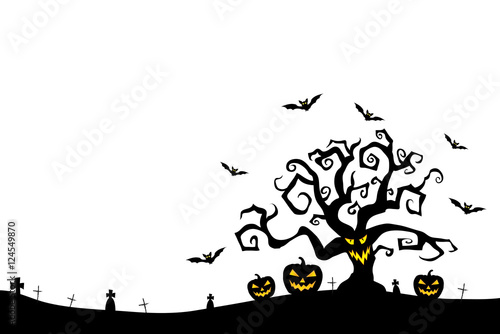 Halloween spooky tree, pumpkins and flying bats. Cover, card, invitation and poster template